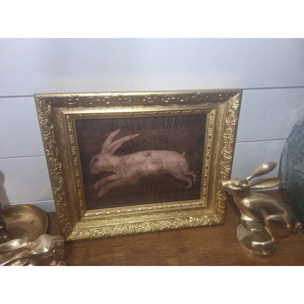 Vintage ornate gold wood frame with new canvas white rabbit print